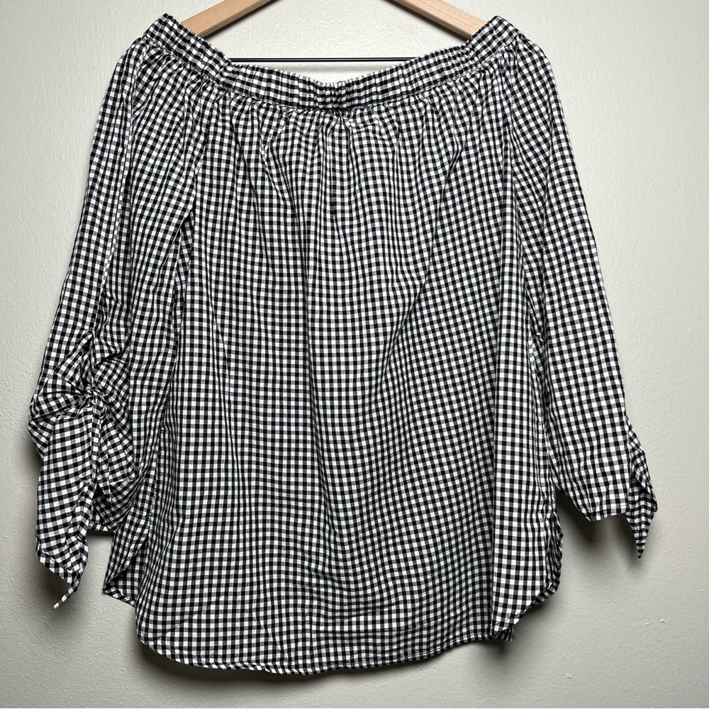 beachlunchlounge Black & White Gingham Off-Shoulder Tie Sleeve Top